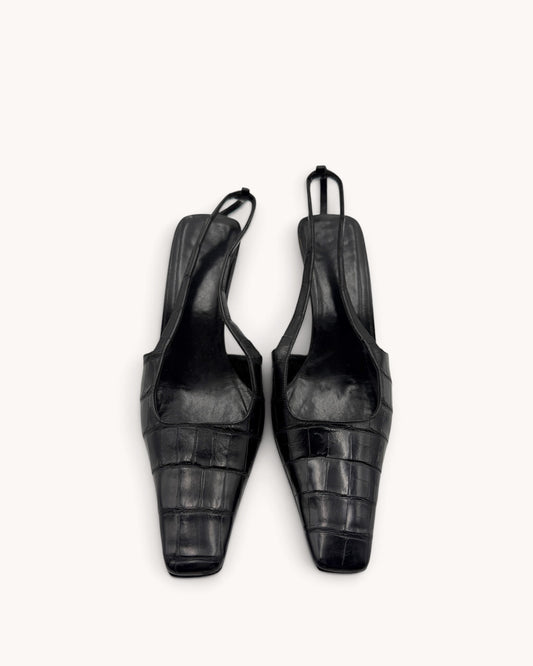 Archival Gucci Black Croc Embossed Leather Slingback Heels (36)