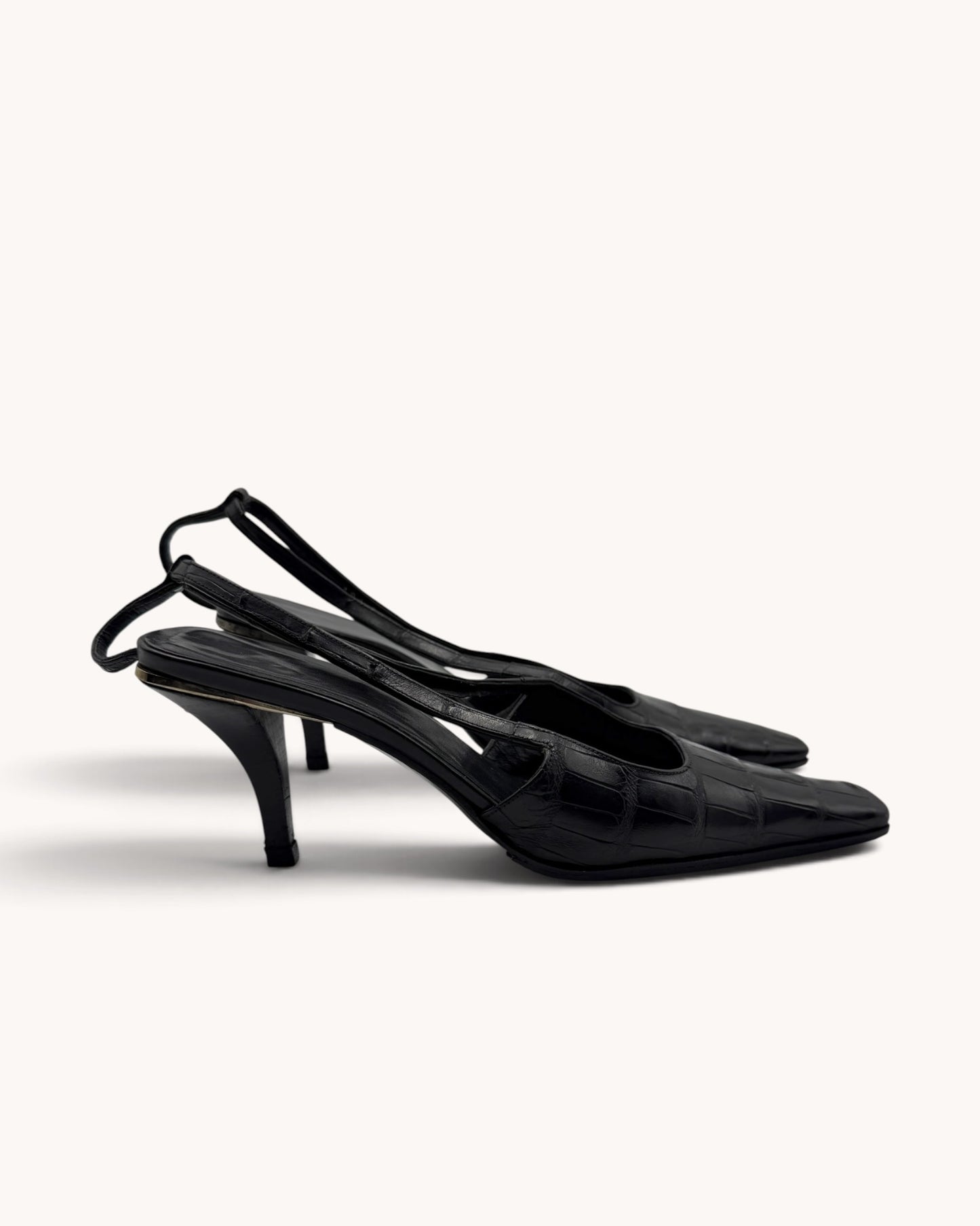 Archival Gucci Black Croc Embossed Leather Slingback Heels (36)