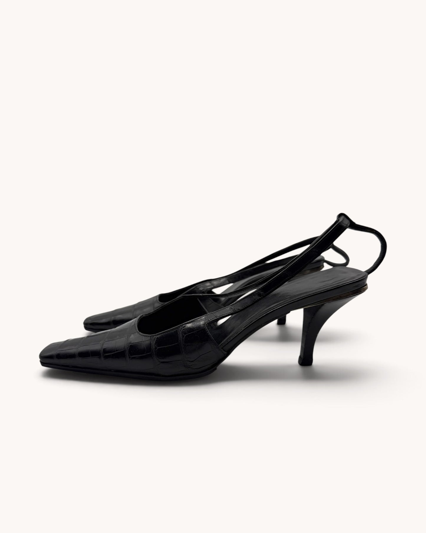 Archival Gucci Black Croc Embossed Leather Slingback Heels (36)
