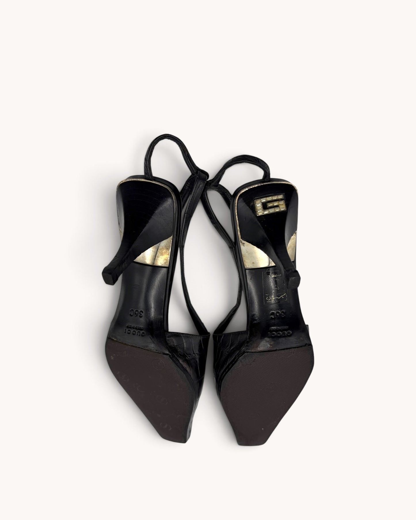 Archival Gucci Black Croc Embossed Leather Slingback Heels (36)