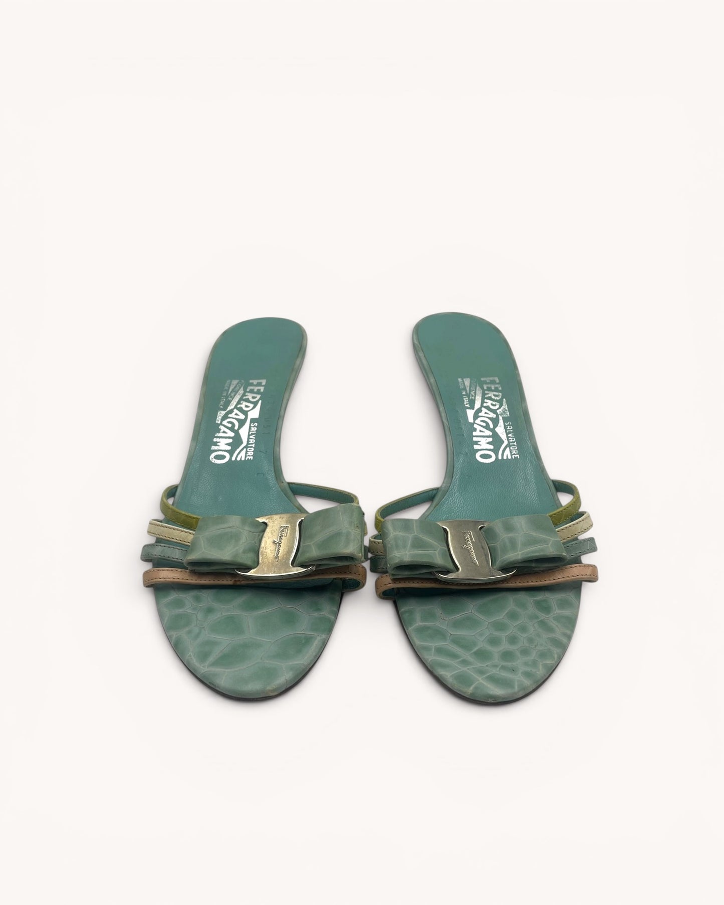 Rare Vintage Ferragamo Turquoise Croc Embossed Leather Mules (37.5)