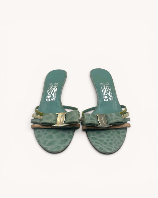 Rare Vintage Ferragamo Turquoise Croc Embossed Leather Mules (37.5)