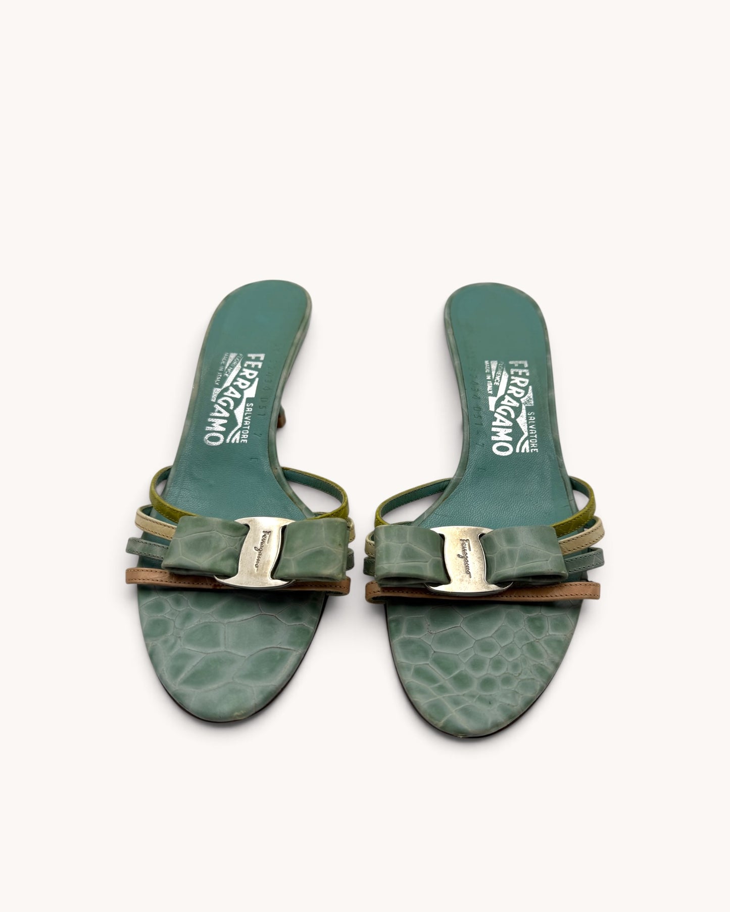 Rare Vintage Ferragamo Turquoise Croc Embossed Leather Mules (37.5)