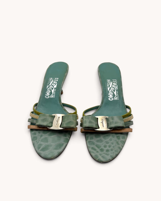 Rare Vintage Ferragamo Turquoise Croc Embossed Leather Mules (37.5)