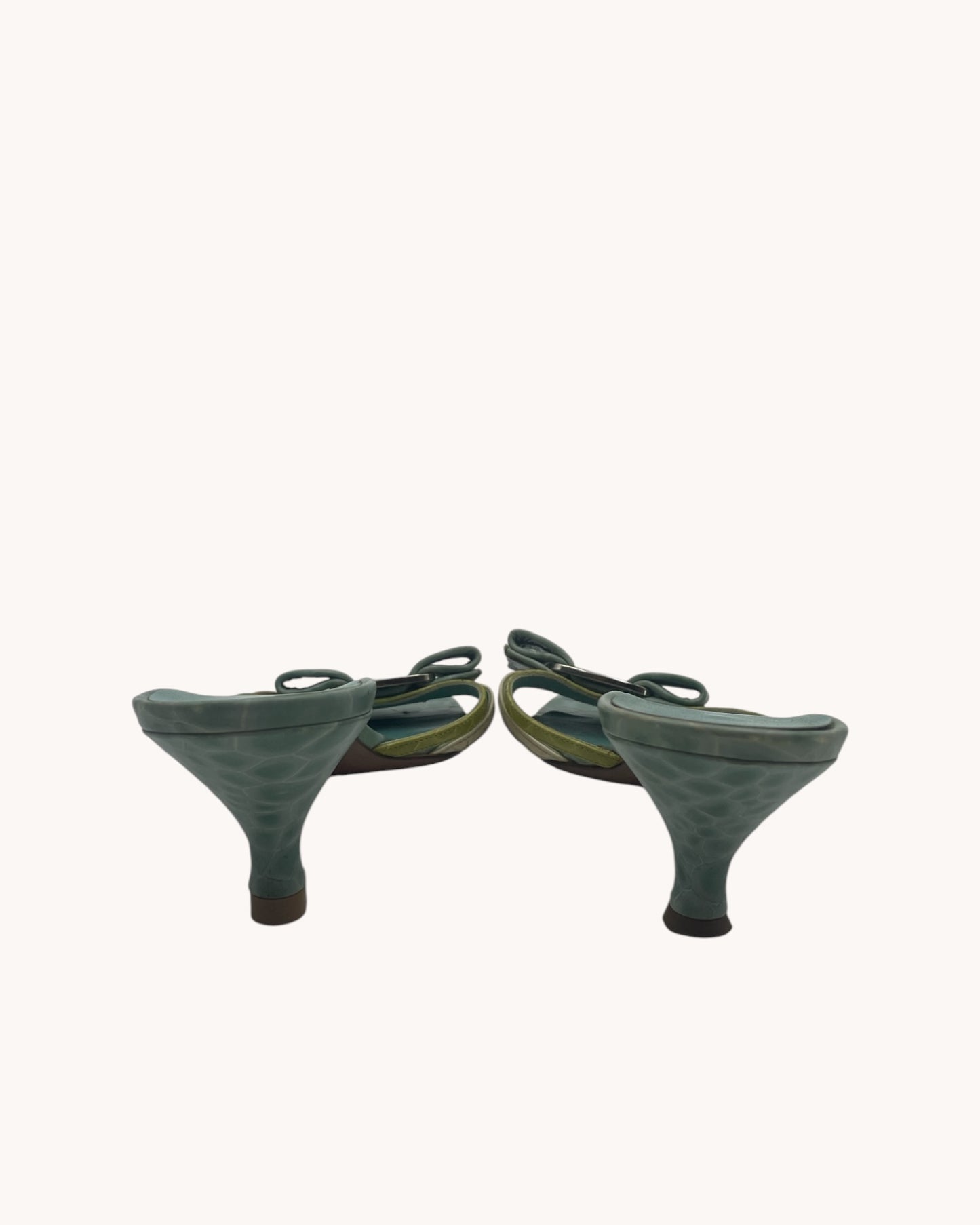 Rare Vintage Ferragamo Turquoise Croc Embossed Leather Mules (37.5)