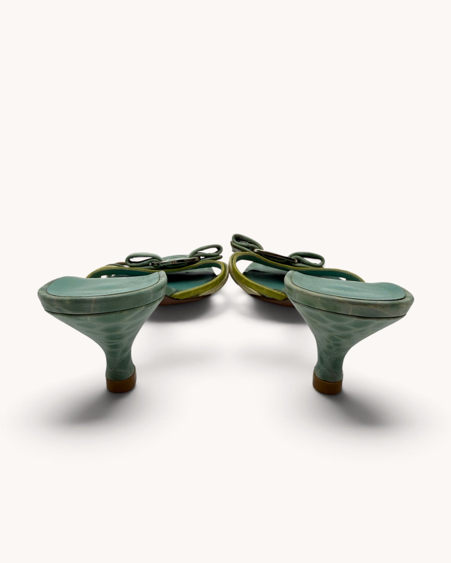 Rare Vintage Ferragamo Turquoise Croc Embossed Leather Mules (37.5)