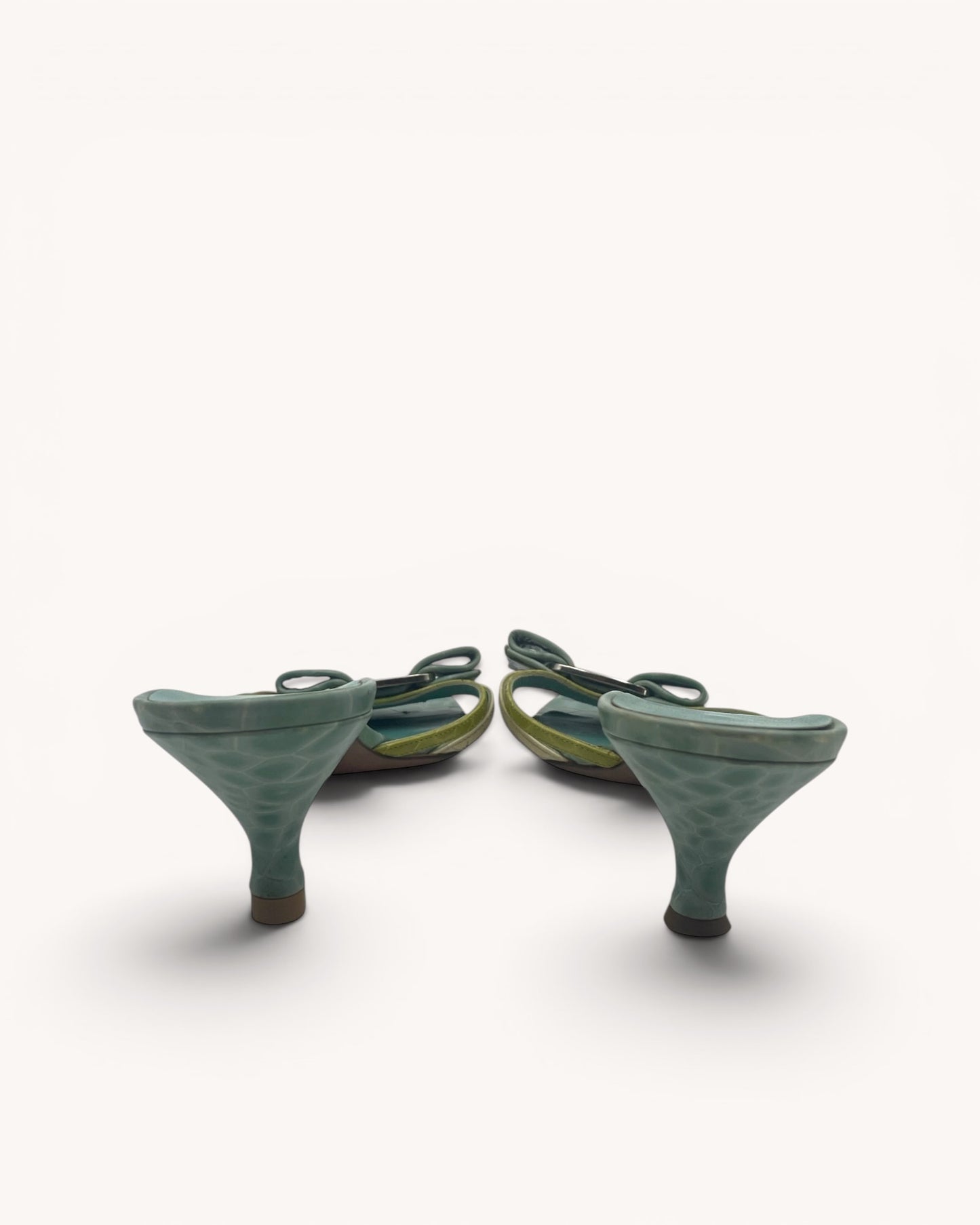 Rare Vintage Ferragamo Turquoise Croc Embossed Leather Mules (37.5)