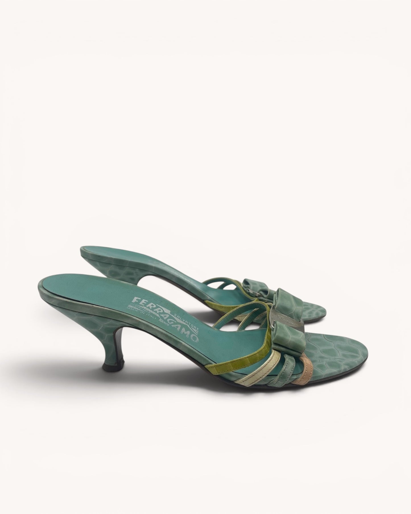 Rare Vintage Ferragamo Turquoise Croc Embossed Leather Mules (37.5)