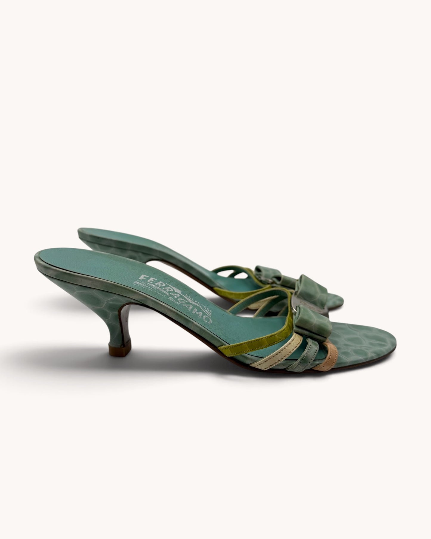 Rare Vintage Ferragamo Turquoise Croc Embossed Leather Mules (37.5)