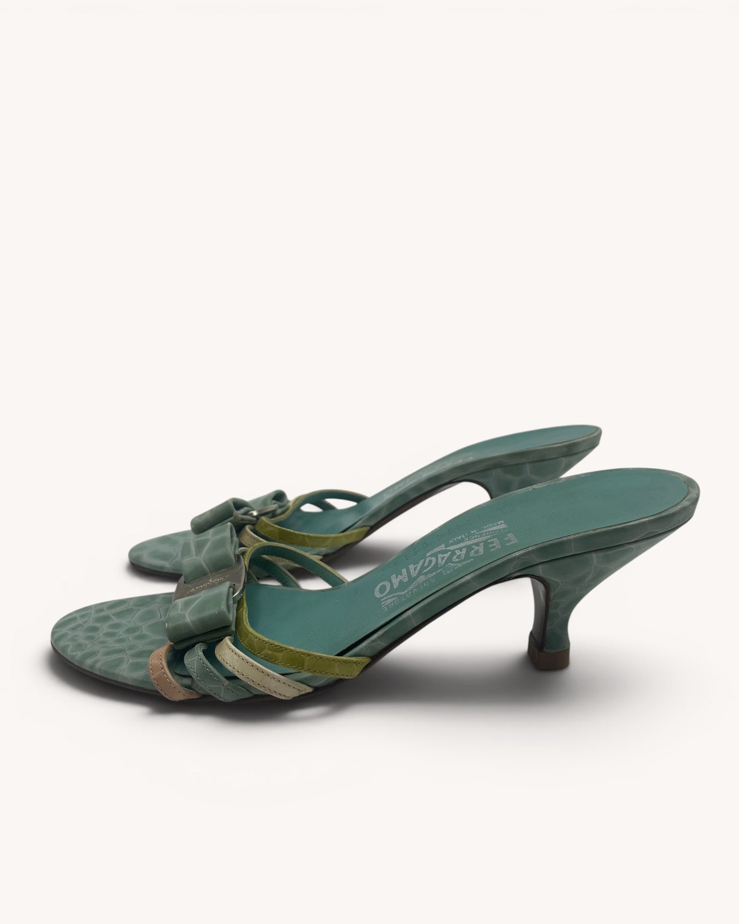 Rare Vintage Ferragamo Turquoise Croc Embossed Leather Mules (37.5)