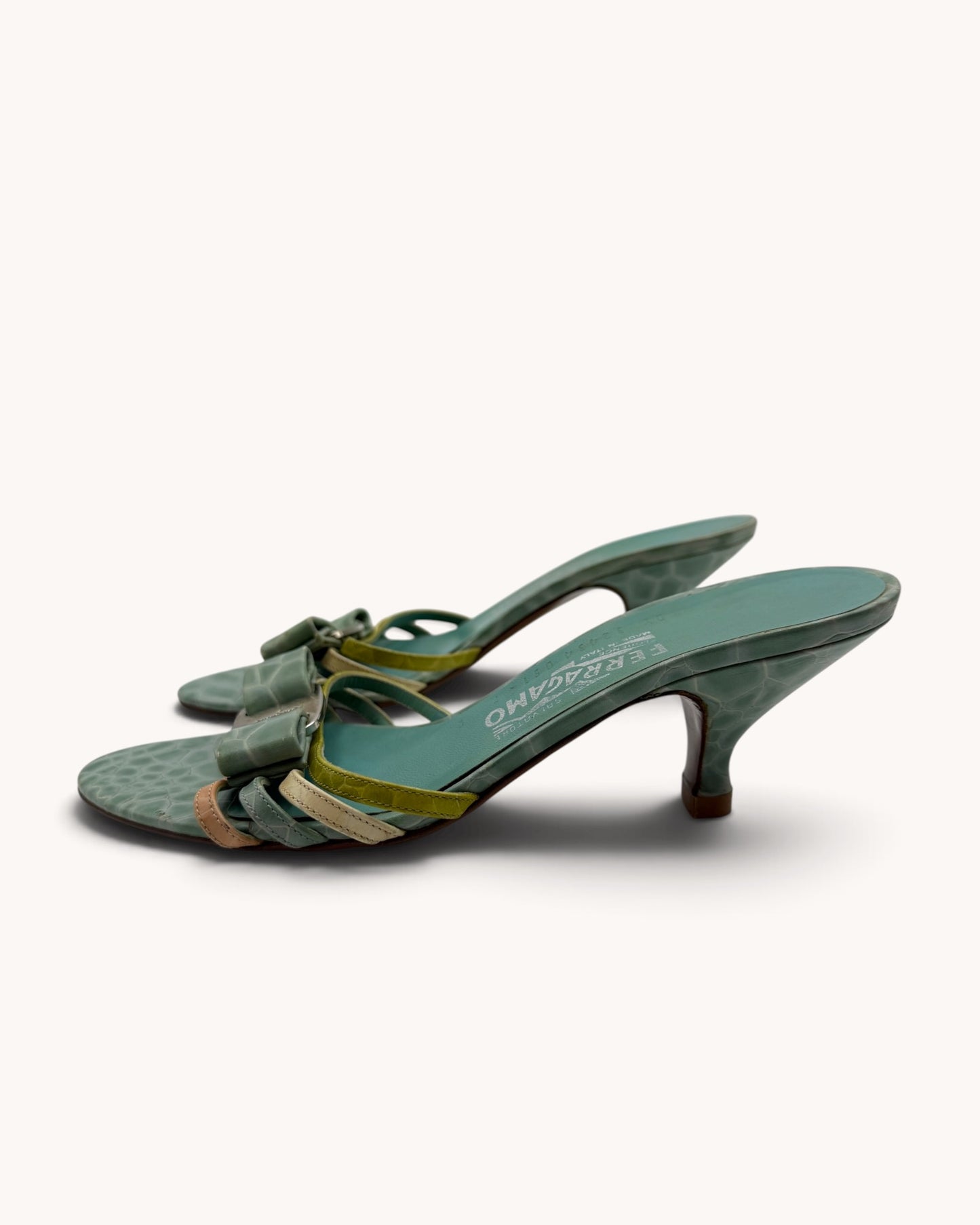 Rare Vintage Ferragamo Turquoise Croc Embossed Leather Mules (37.5)