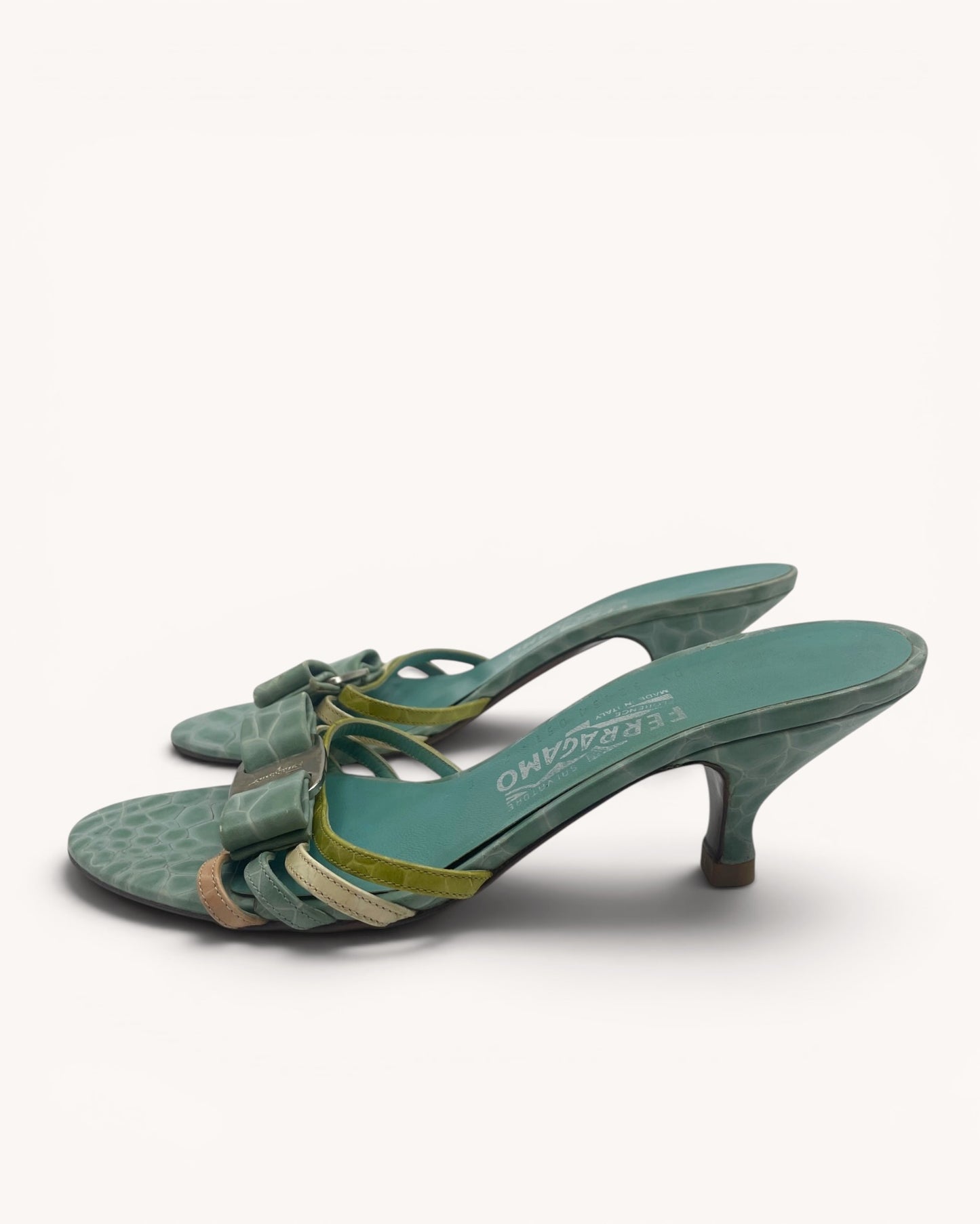 Rare Vintage Ferragamo Turquoise Croc Embossed Leather Mules (37.5)