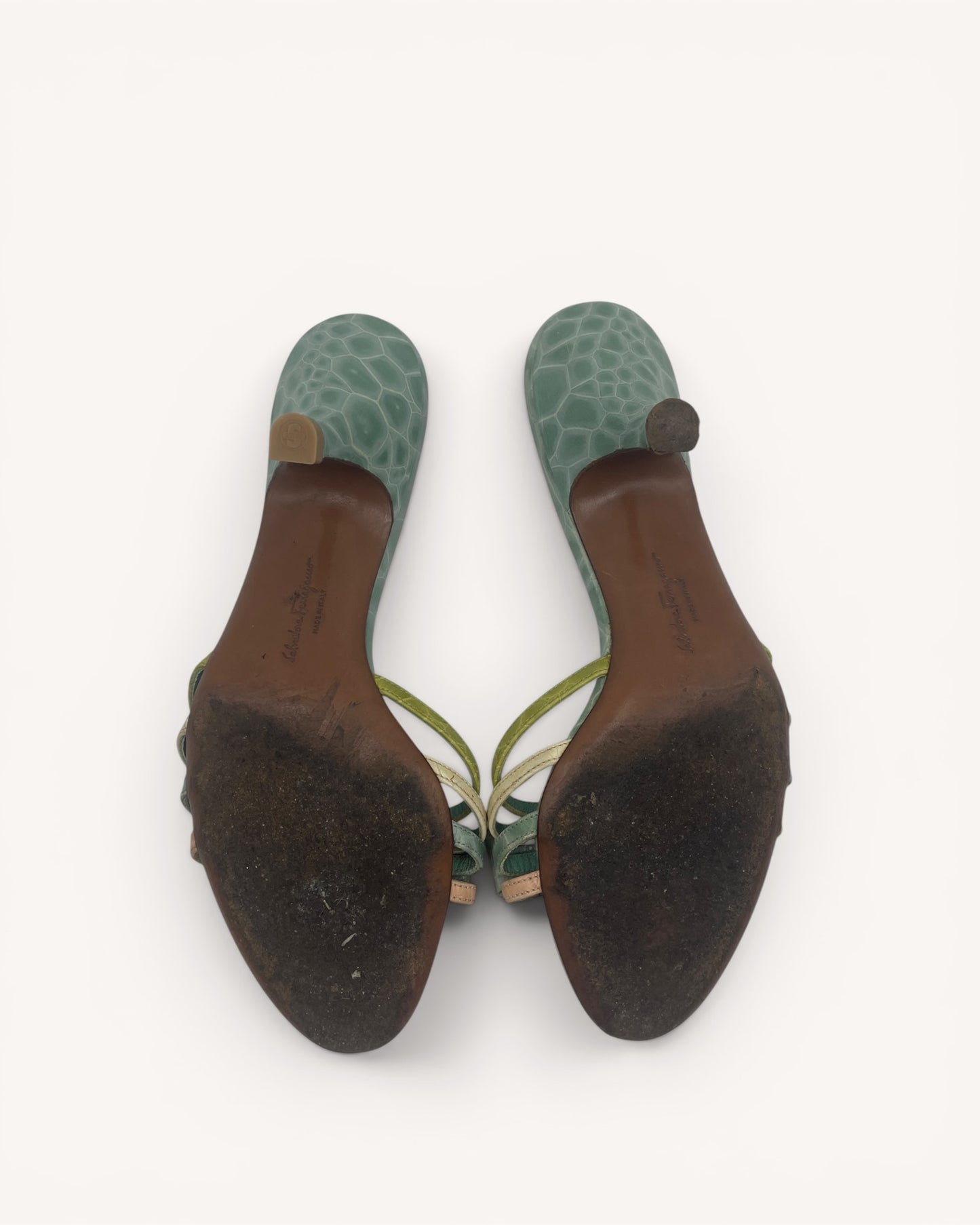 Rare Vintage Ferragamo Turquoise Croc Embossed Leather Mules (37.5)