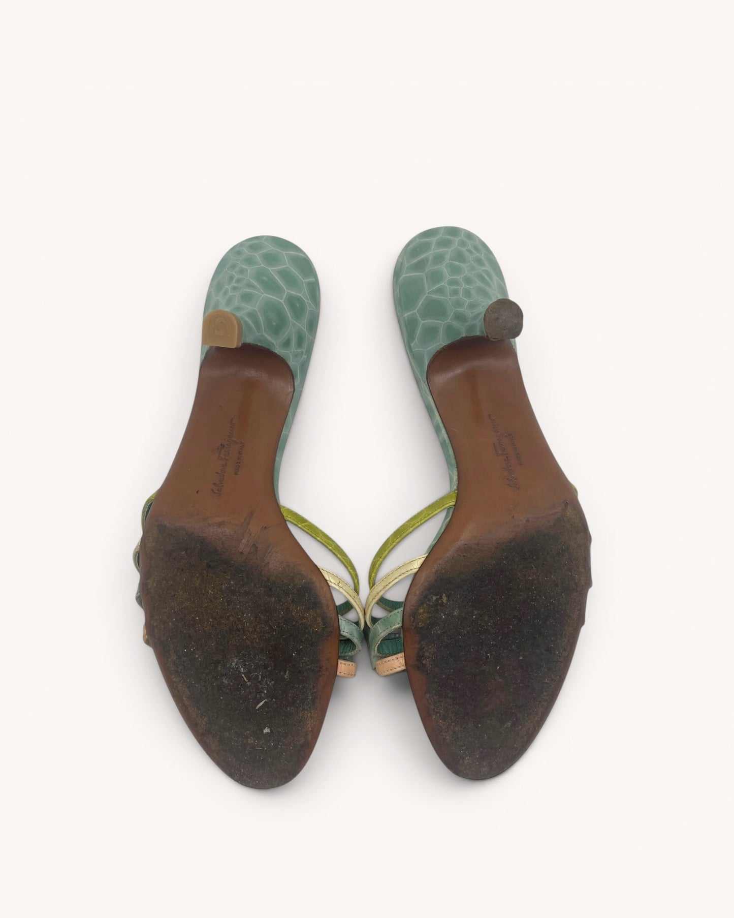 Rare Vintage Ferragamo Turquoise Croc Embossed Leather Mules (37.5)