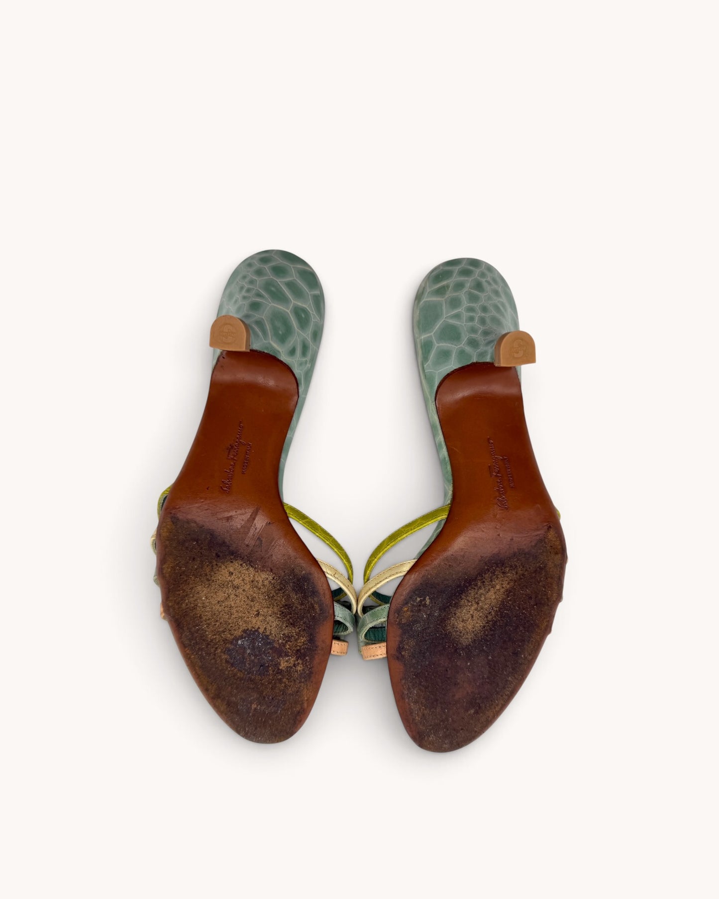 Rare Vintage Ferragamo Turquoise Croc Embossed Leather Mules (37.5)