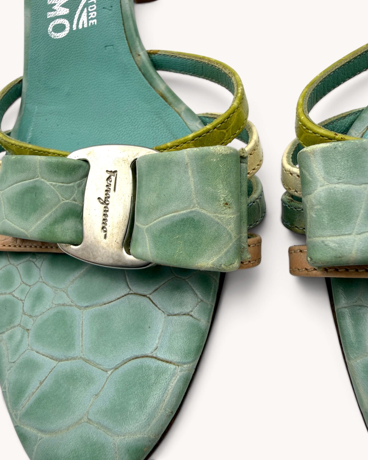 Rare Vintage Ferragamo Turquoise Croc Embossed Leather Mules (37.5)