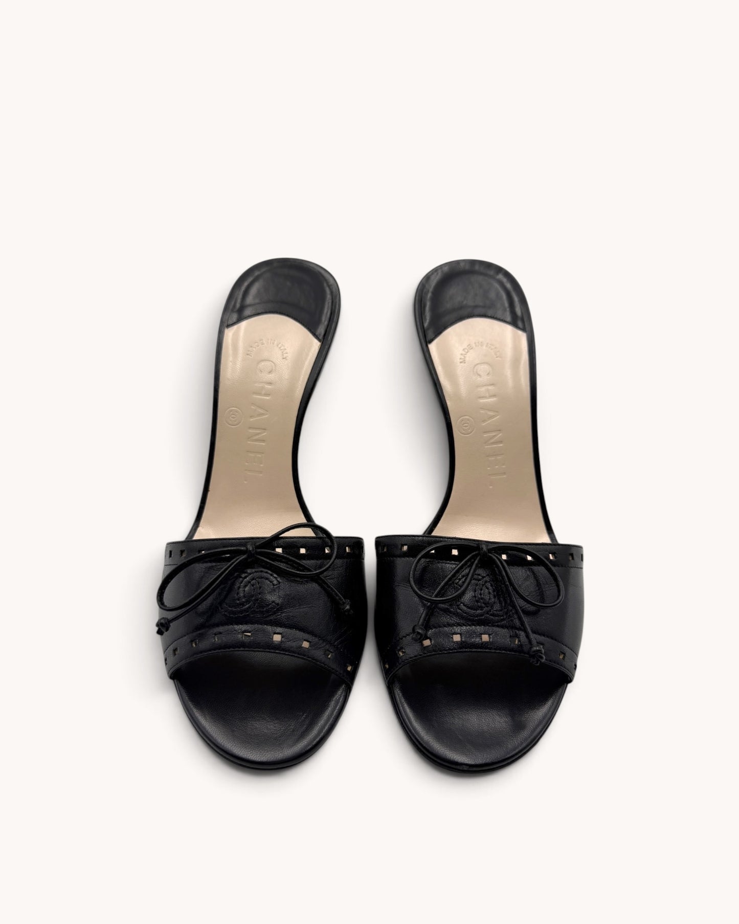 Vintage Chanel Black Leather Bow Mules (36.5)