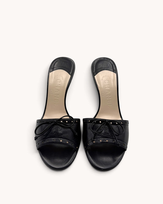 Vintage Chanel Black Leather Bow Mules (36.5)