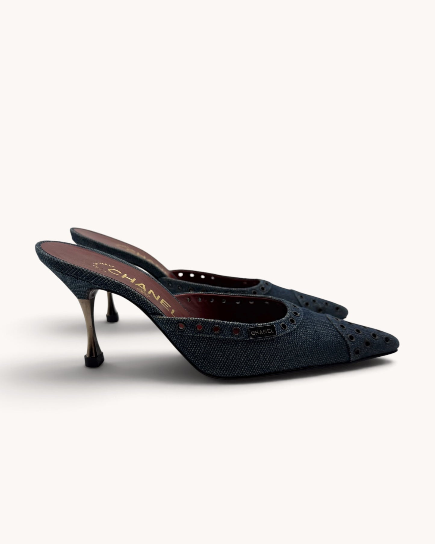Vintage Chanel Denim Studded Mules (35)