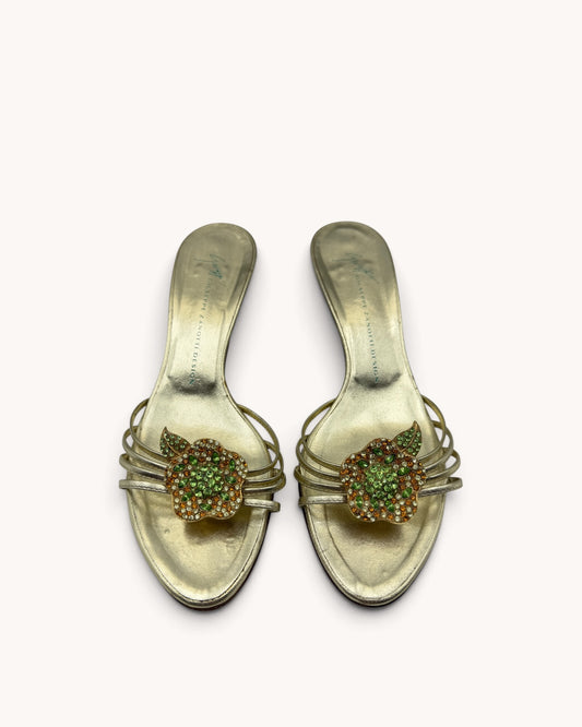 Vintage Giuseppe Zanotti Gold Leather Rhinestone Floral Mules (35)
