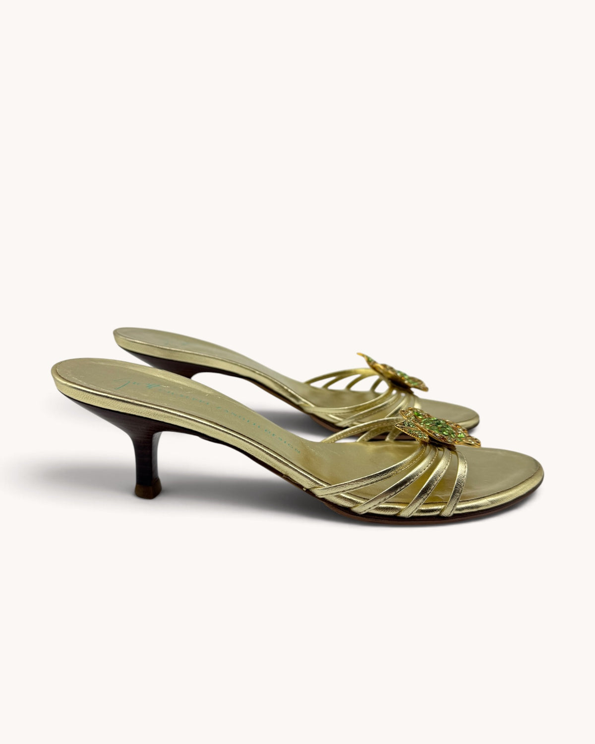 Vintage Giuseppe Zanotti Gold Leather Rhinestone Floral Mules (35)