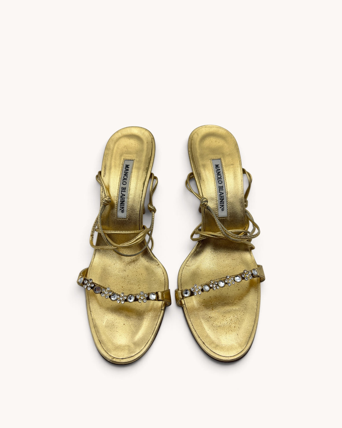 Vintage Manolo Blahnik Gold Leather Rhinestone Floral Ankle-Wrap Heels (38)