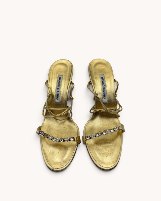 Vintage Manolo Blahnik Gold Leather Rhinestone Floral Ankle-Wrap Heels (38)