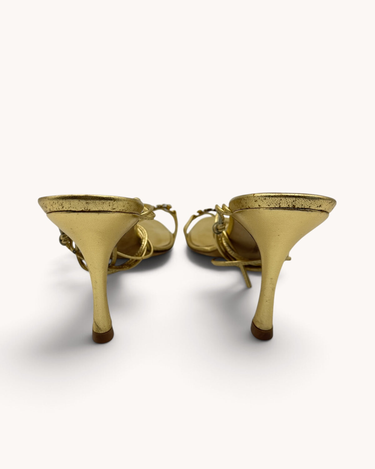 Vintage Manolo Blahnik Gold Leather Rhinestone Floral Ankle-Wrap Heels (38)