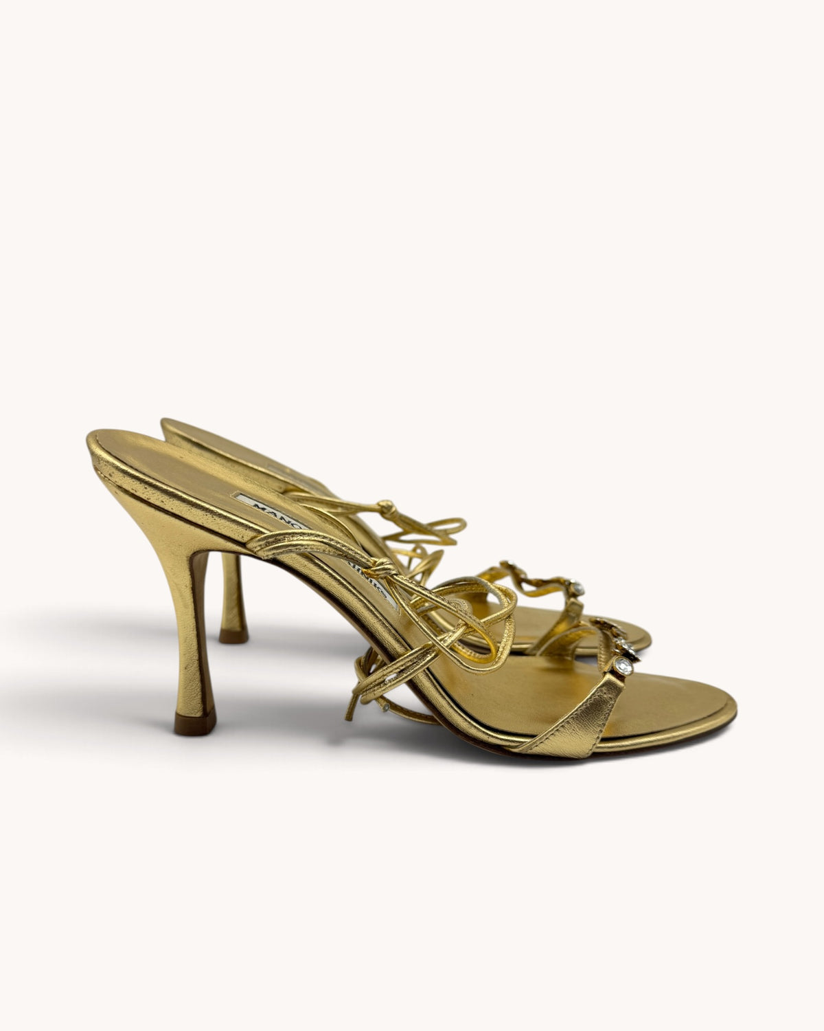 Vintage Manolo Blahnik Gold Leather Rhinestone Floral Ankle-Wrap Heels (38)