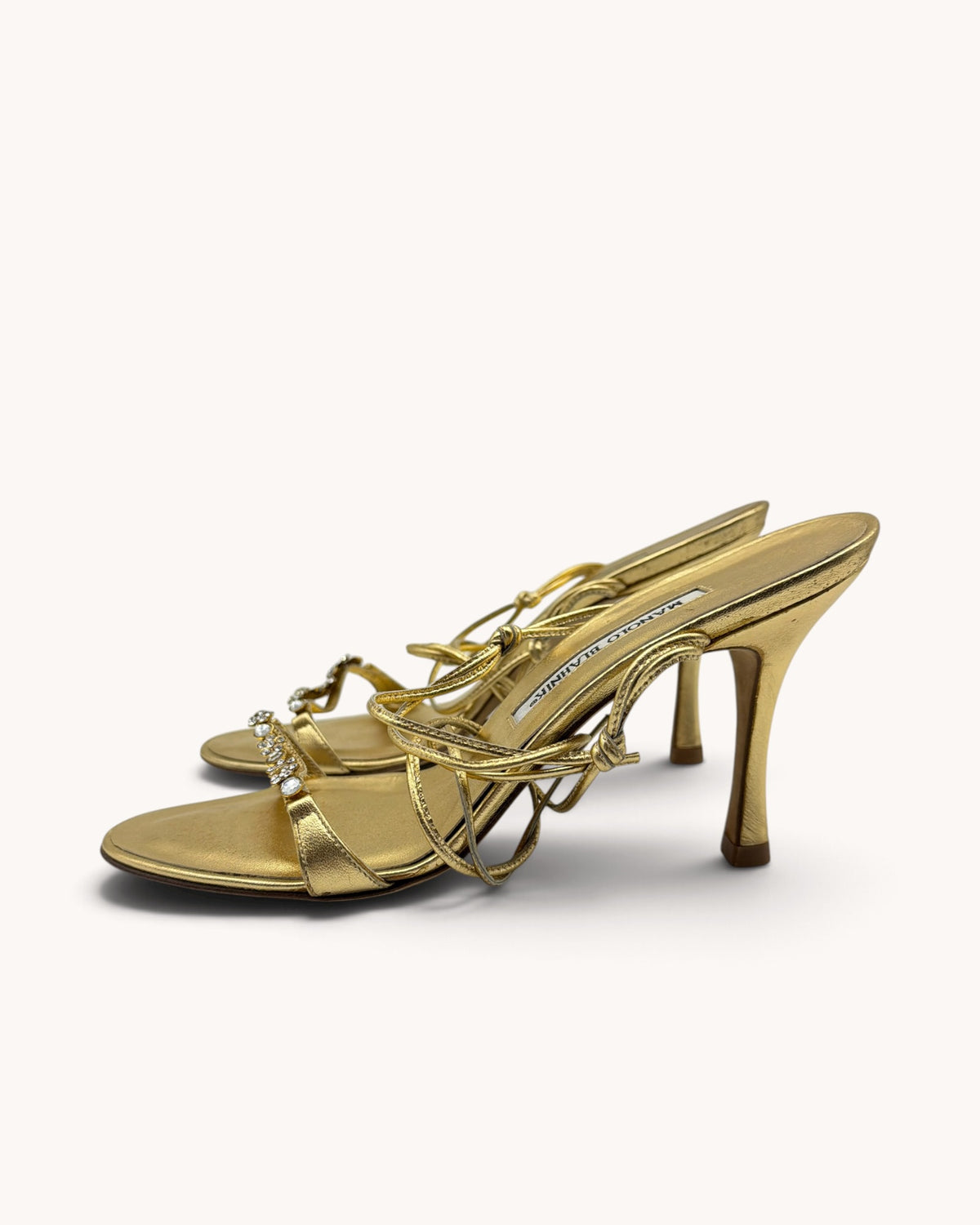 Vintage Manolo Blahnik Gold Leather Rhinestone Floral Ankle-Wrap Heels (38)