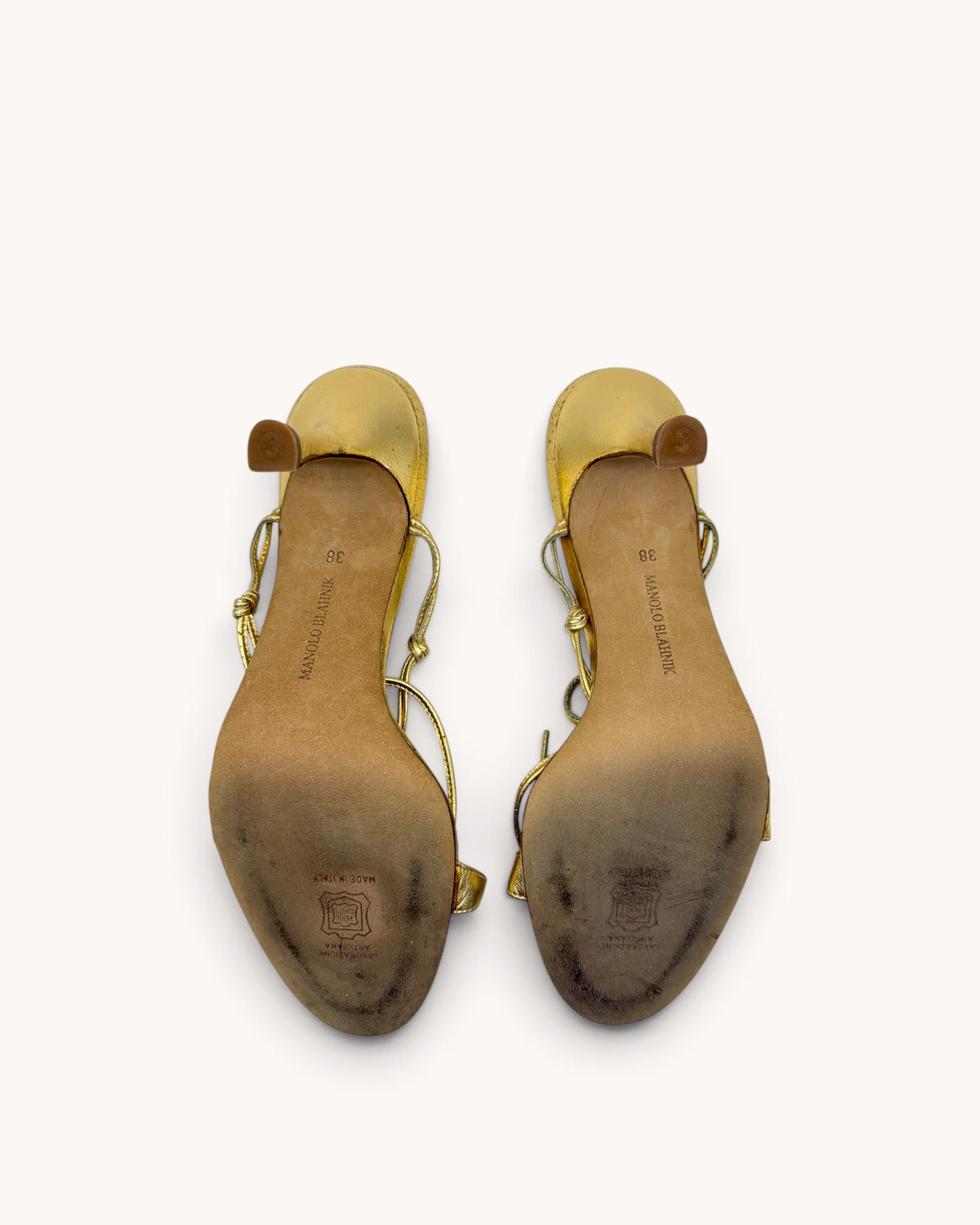 Vintage Manolo Blahnik Gold Leather Rhinestone Floral Ankle-Wrap Heels (38)